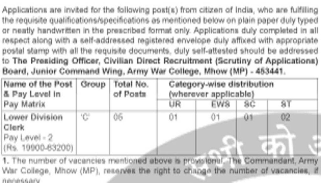 IA JOBS KIND 2023-24 भारतीय सेना में लोअर डिवीजन क्लर्क भर्ती,जल्द करे आवेदन